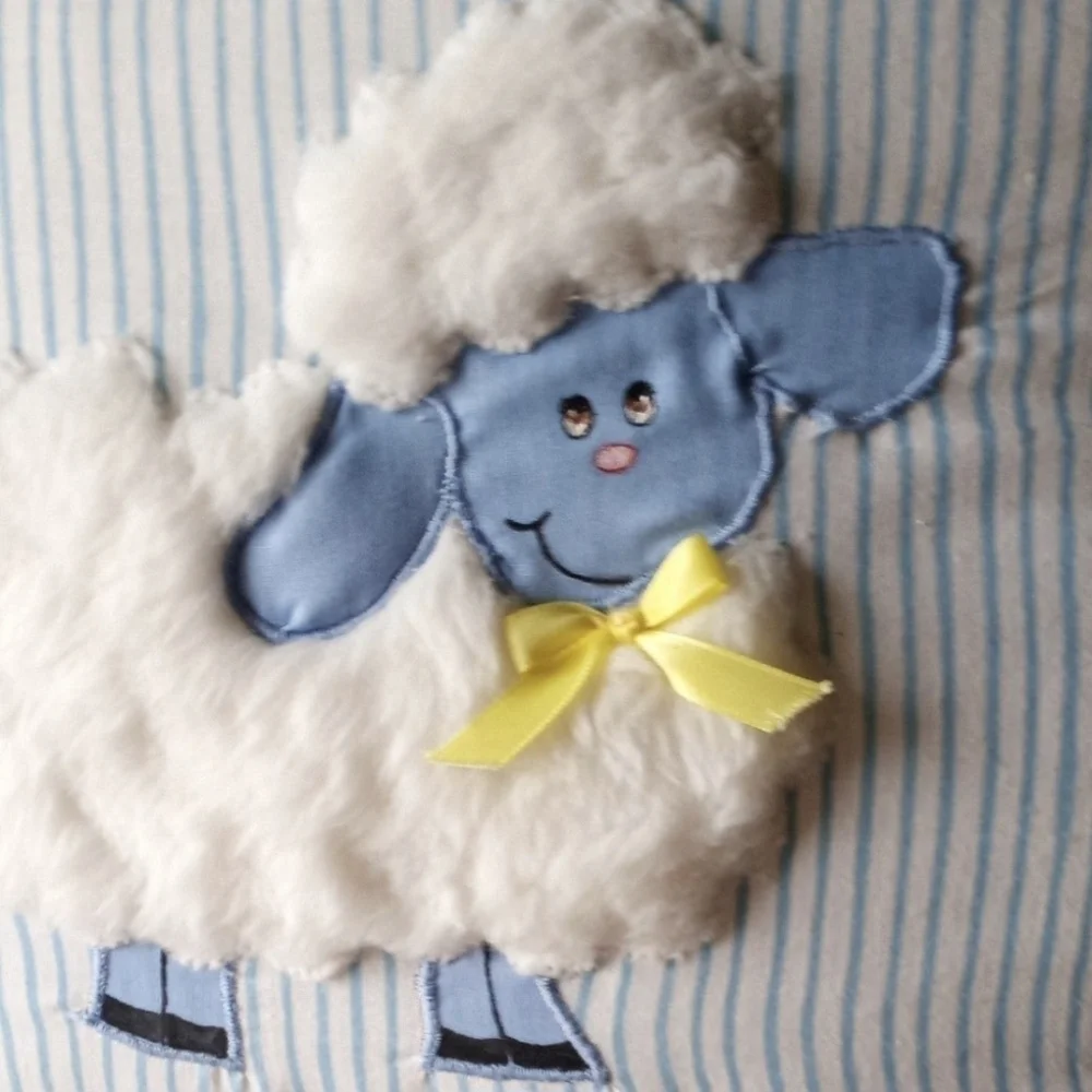 Nursery Pillow Cushion with Fluffy Sheep and Bright Sun appliques Eyelet trim